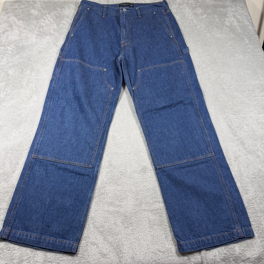 Abercrombie & Fitch Lightweight Baggy Jean Mens 32x32 Blue Double Knee Carpenter